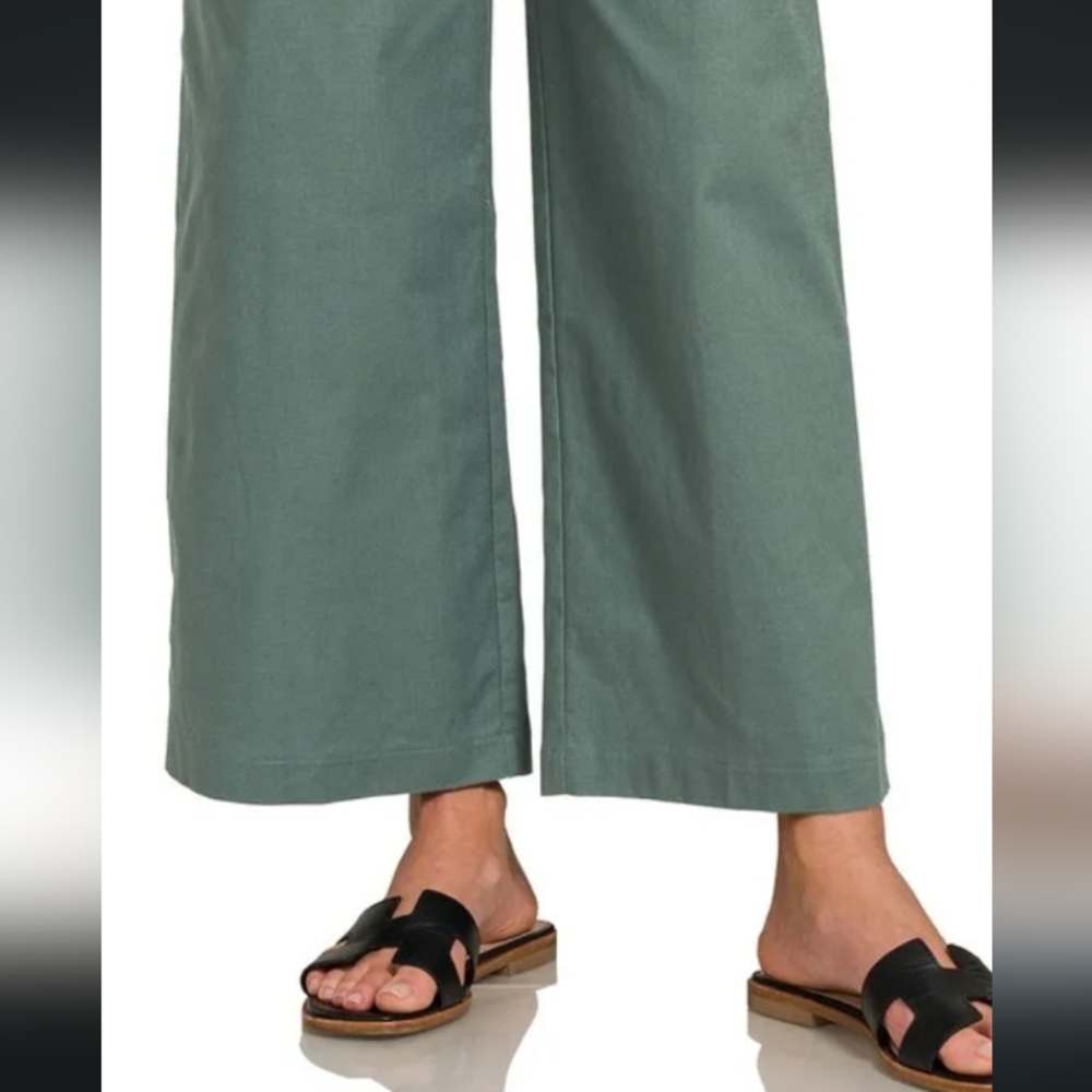 New Dark Olive Knotted Wide Leg Stretch Cotton Overall Jumpsuit - Picture 10 of 11
